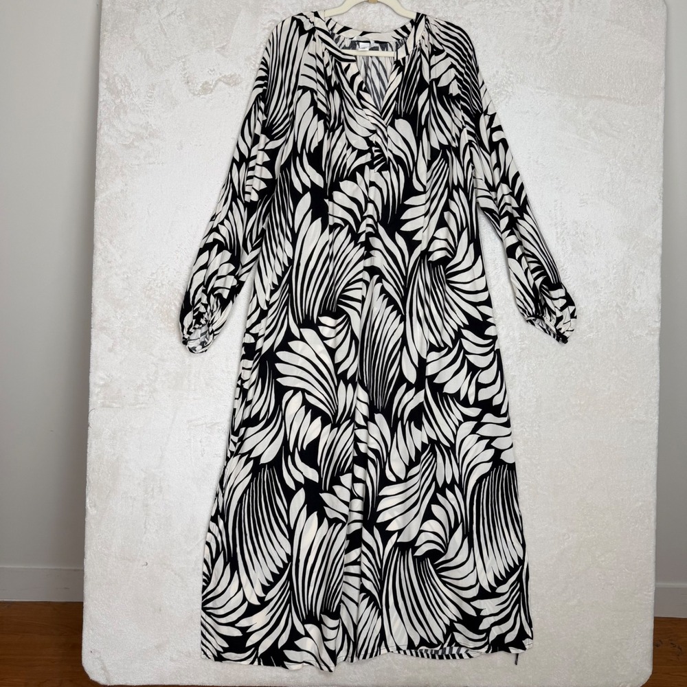 HM Womens Black White Abstract Leaf Print V-Neck Maxi Dress Size L Resort Wear